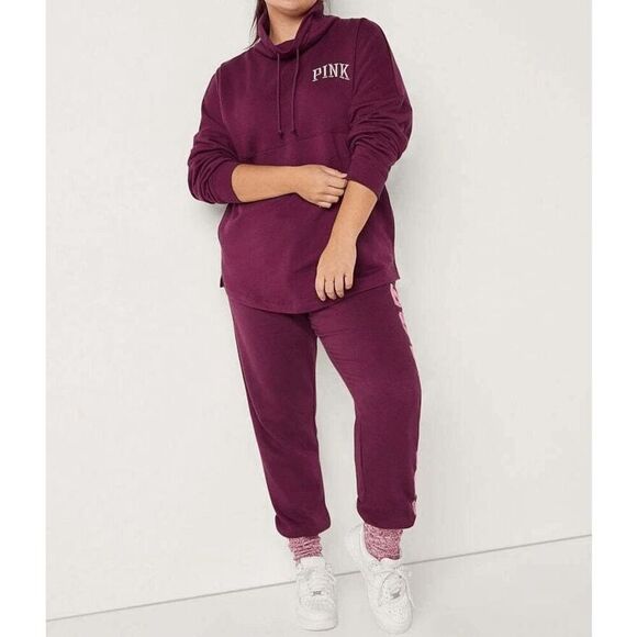 PINK Victorias Secret Maroon Varsity Cowl Neck Hooded Sweater Large - Picture 11 of 11